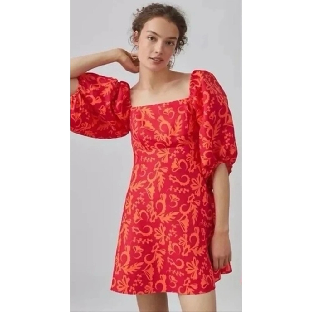 ANTHROPOLOGIE x SACHIN & BABI Red Orange Floral Puff Sleeve Mini Dress X-Large